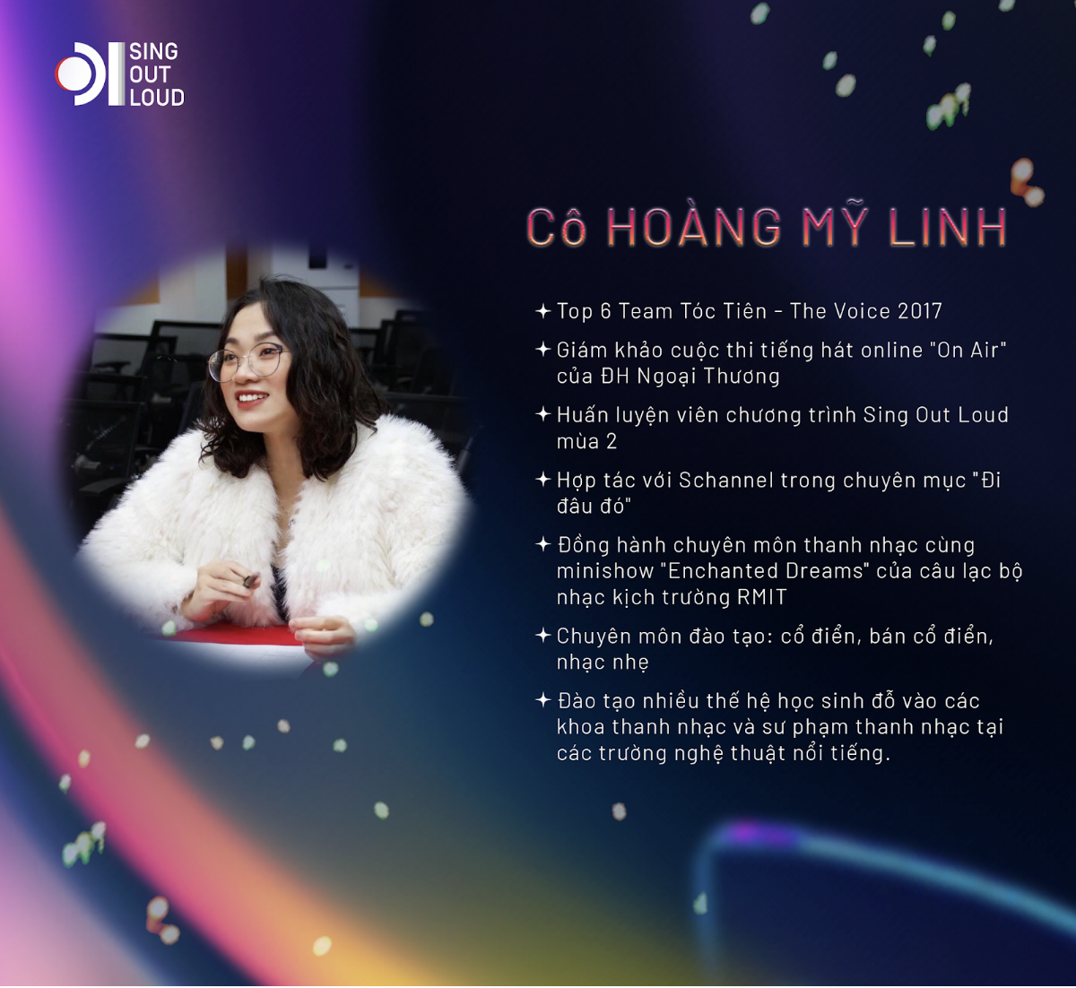 DÀN GIÁM KHẢO VÒNG THỬ GIỌNG SING OUT LOUD 2024 LÀ AI ??? 3 Giảng viên thanh nhạc Hoàng Mỹ Linh chính thức trở lại và đồng hành cùng Sing Out Loud 2024 với vai trò thành viên Ban Giám khảo.